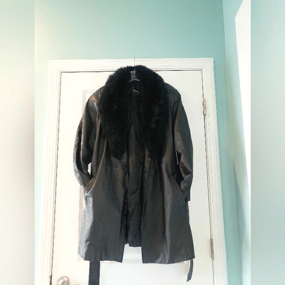 SALE Pelle Leather Coat Fur Trim Black Sz-M